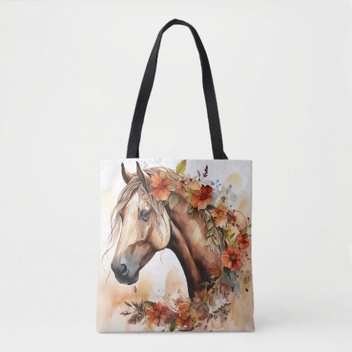 Beautiful Horse with Pretty Flowers Watercolor Tote Bag
