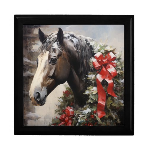 Beautiful Horse with Winter Wreath Christmas Gift Box