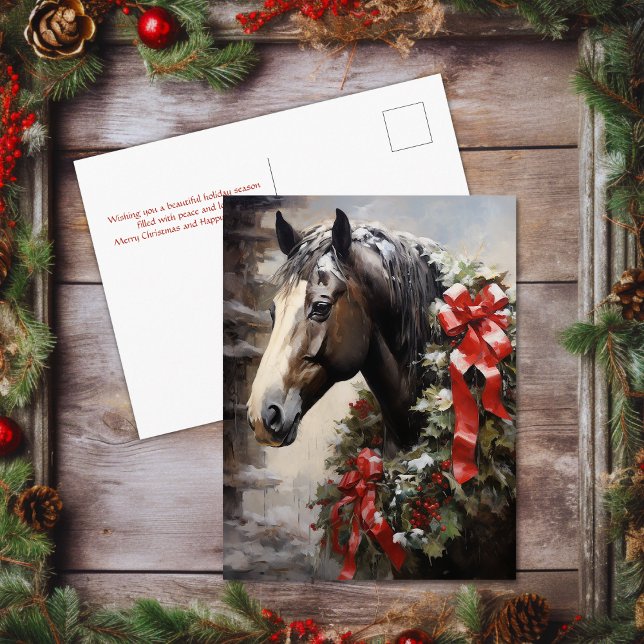 Beautiful Horse with Winter Wreath Christmas Holiday Postcard (Beautiful Horse with Winter Wreath Christmas Holiday Postcard)