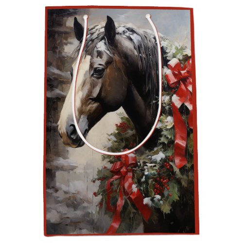 Beautiful Horse with Winter Wreath Christmas Medium Gift Bag