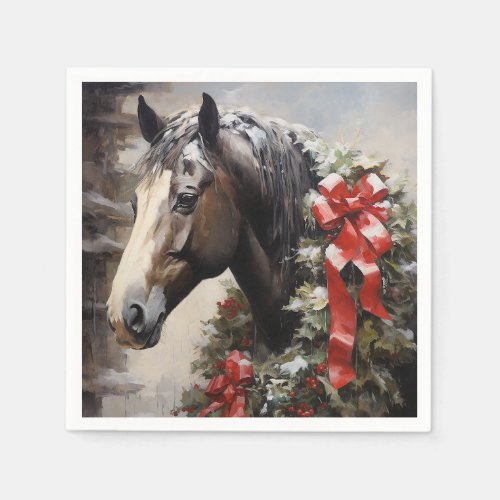 Beautiful Horse with Winter Wreath Christmas Napkins