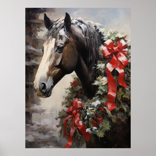 Beautiful Horse with Winter Wreath Christmas Poster