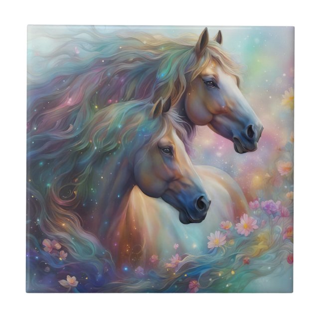 Beautiful Horses and Flowers Art Ceramic Tile (Front)