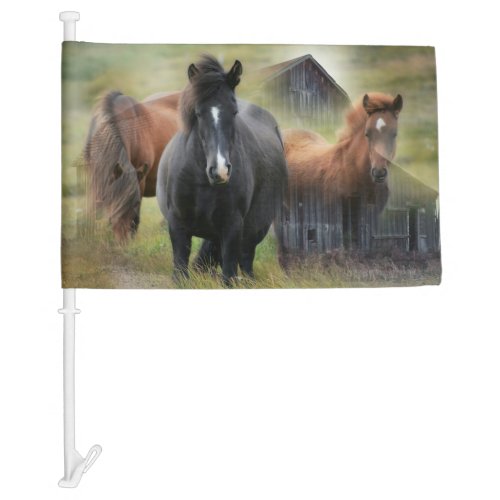 Beautiful Horses and Rustic Barn Car Flag