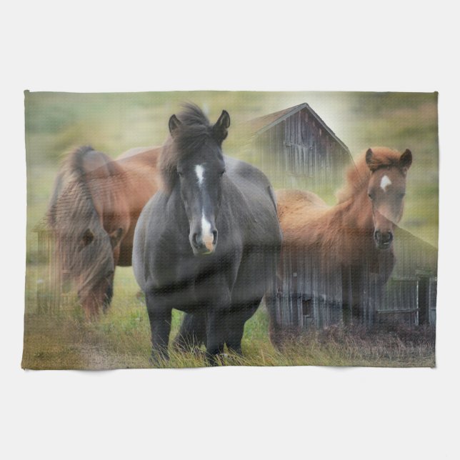Beautiful Horses and Rustic Barn Kitchen Towel (Horizontal)