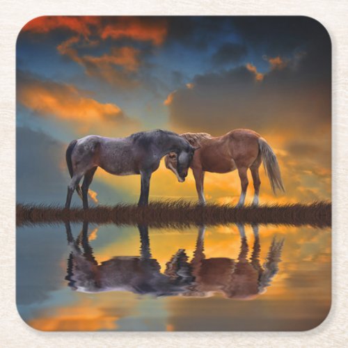 Beautiful Horses and Water Sunset Western Square Paper Coaster
