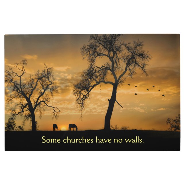 Beautiful Horses Grazing in Sunset with Birds Metal Print (Front)