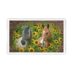 Beautiful Horses in Field of Sunflowers Acrylic Tray