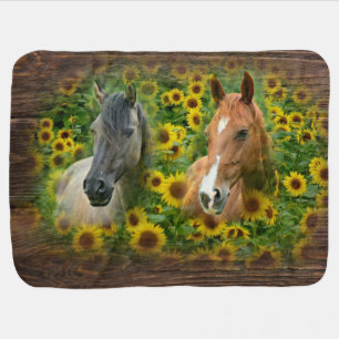 Beautiful Horses in Field of Sunflowers Baby Blanket