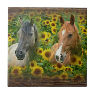 Beautiful Horses in Field of Sunflowers Ceramic Tile