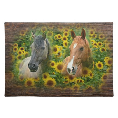 Beautiful Horses in Field of Sunflowers Cloth Placemat