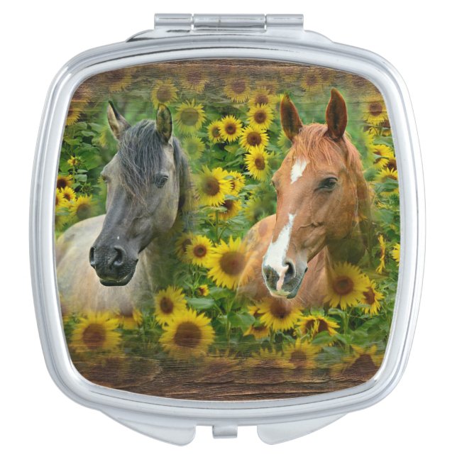 Beautiful Horses in Field of Sunflowers Compact Mirror (Front)