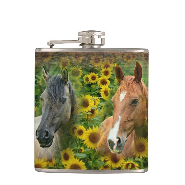 Beautiful Horses in Field of Sunflowers Flask (Front)
