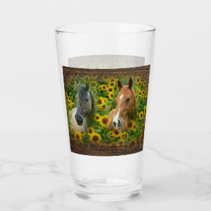 Beautiful Horses in Field of Sunflowers Glass