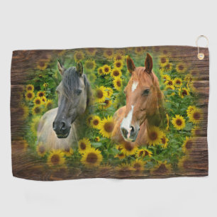 Beautiful Horses in Field of Sunflowers Golf Towel