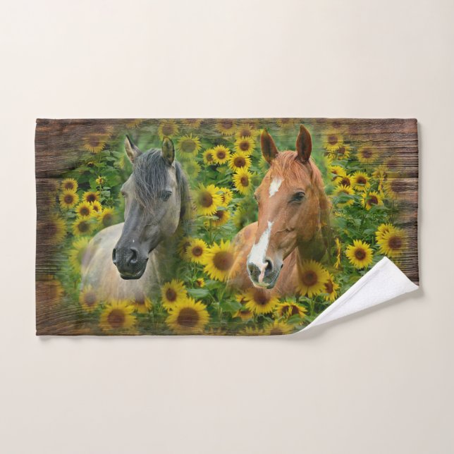 Beautiful Horses in Field of Sunflowers Hand Towel (Hand Towel)