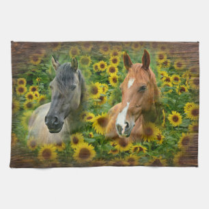 Beautiful Horses in Field of Sunflowers Kitchen Towel