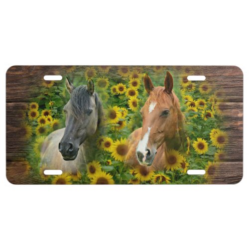 Beautiful Horses in Field of Sunflowers License Plate