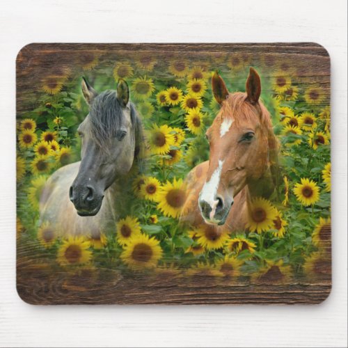 Beautiful Horses in Field of Sunflowers Mouse Pad