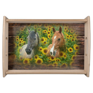 Beautiful Horses in Field of Sunflowers Serving Tray