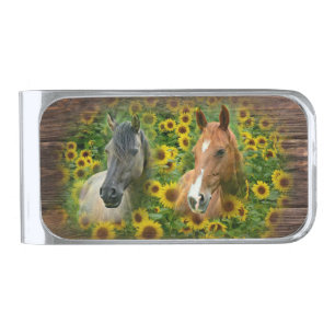 Beautiful Horses in Field of Sunflowers Silver Finish Money Clip
