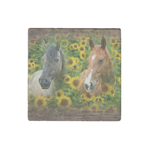 Beautiful Horses in Field of Sunflowers Stone Magnet