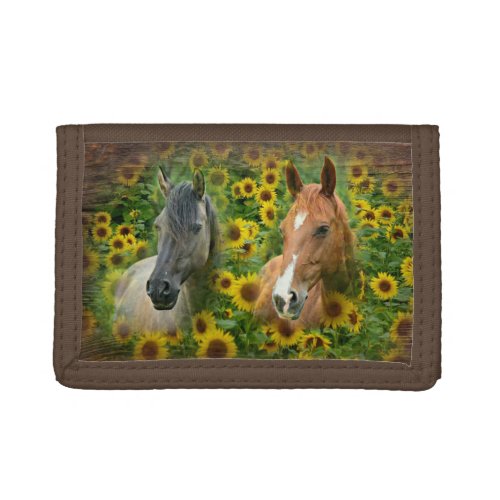 Beautiful Horses in Field of Sunflowers Trifold Wa Trifold Wallet
