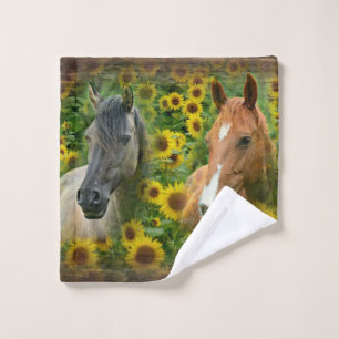 Beautiful Horses in Field of Sunflowers Wash Cloth