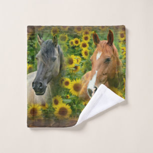 Beautiful Horses in Field of Sunflowers Wash Cloth