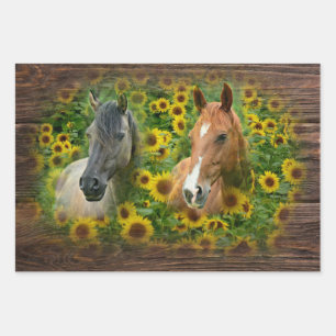 Beautiful Horses in Field of Sunflowers Wrapping Paper Sheets