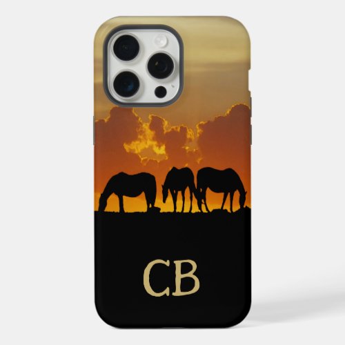 Beautiful Horses in Sunset Evening Custom Initials iPhone 15 Pro Max Case