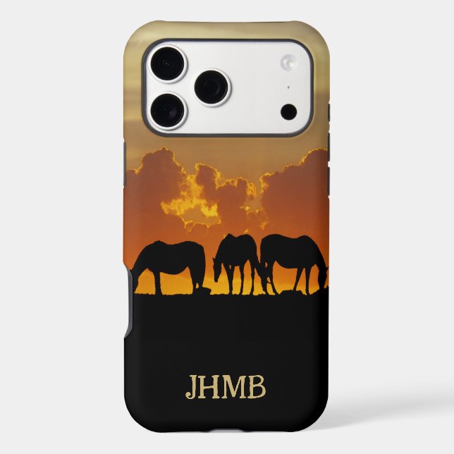 Beautiful Horses in Sunset Evening Custom Initials iPhone Case (Back)
