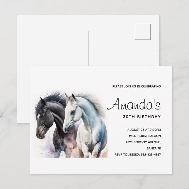 Beautiful Horses in Watercolor Birthday Invitation Postcard (Front/Back)