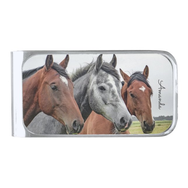 Beautiful Horses Personalized Silver Finish Money Clip (Front)