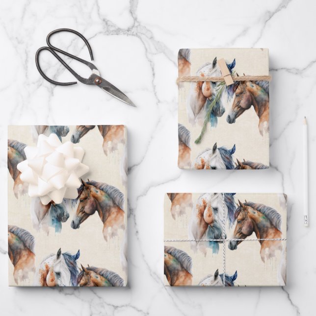 Beautiful Horses Western Boho Pattern Wrapping Paper Sheets (Front)