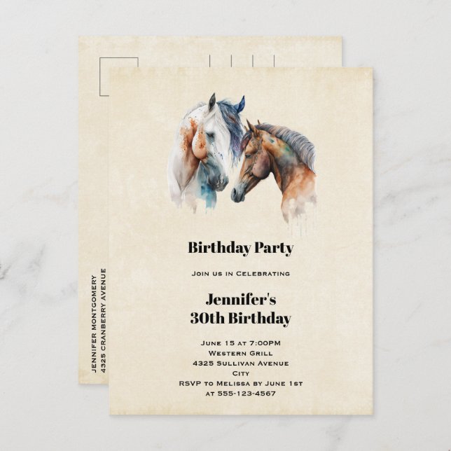 Beautiful Horses Western Boho Style Birthday Invitation Postcard (Front/Back)