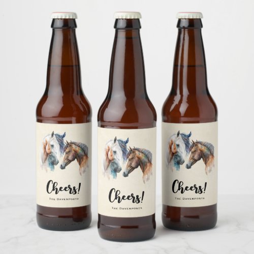 Beautiful Horses Western Boho Style Cheers Beer Bottle Label