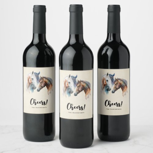 Beautiful Horses Western Boho Style Cheers Wine Label