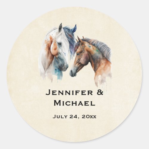 Beautiful Horses Western Boho Style Wedding Date Classic Round Sticker