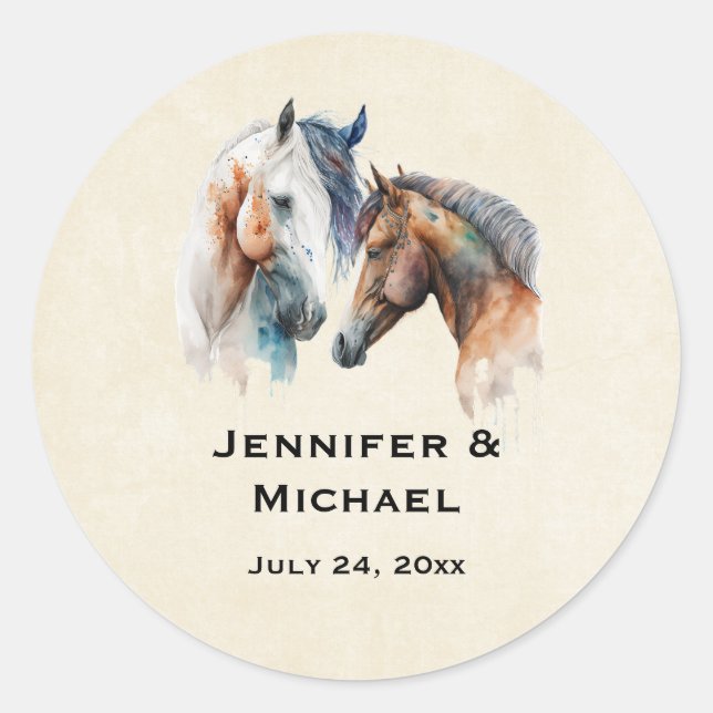 Beautiful Horses Western Boho Style Wedding Date Classic Round Sticker (Front)