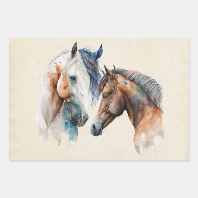 Beautiful Horses Western Boho Style Wrapping Paper Sheets (Front)