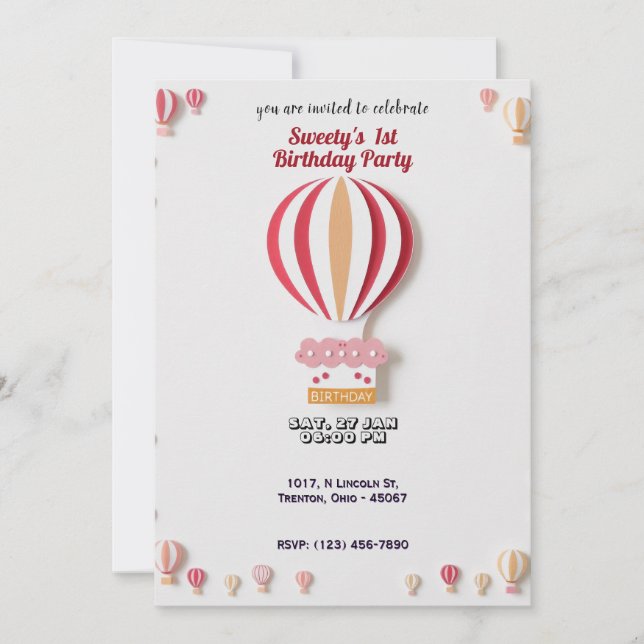 Beautiful Hot Air Balloon Birthday Card with Cake (Front)