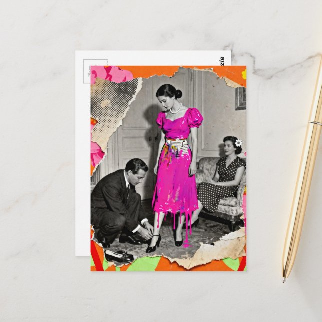 Beautiful Hot Pink Dripping Dress Fashion Collage Postcard (Front/Back In Situ)