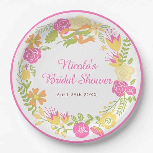 Beautiful Hot Pink Floral Wreath Bridal Shower Paper Plates (Front)