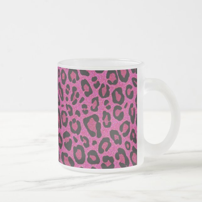 Beautiful hot pink leopard skin glitter shine frosted glass coffee mug (Right)