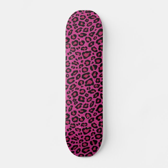 Beautiful hot pink leopard skin glitter shine skateboard deck (Front)