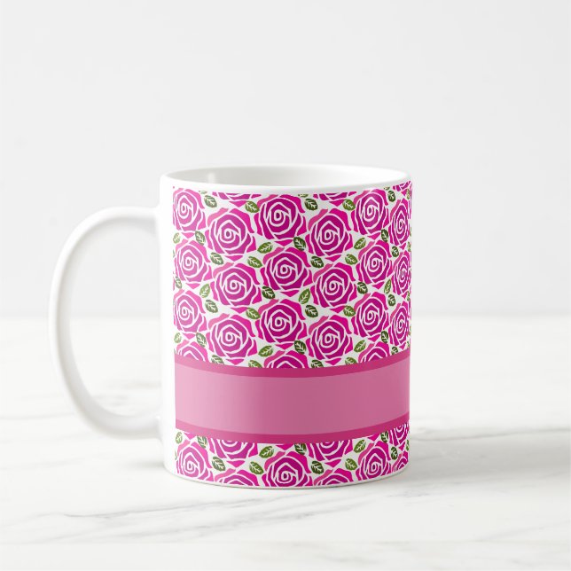 Beautiful Hot Pink Roses Custom Name Monogram Gift Coffee Mug (Left)