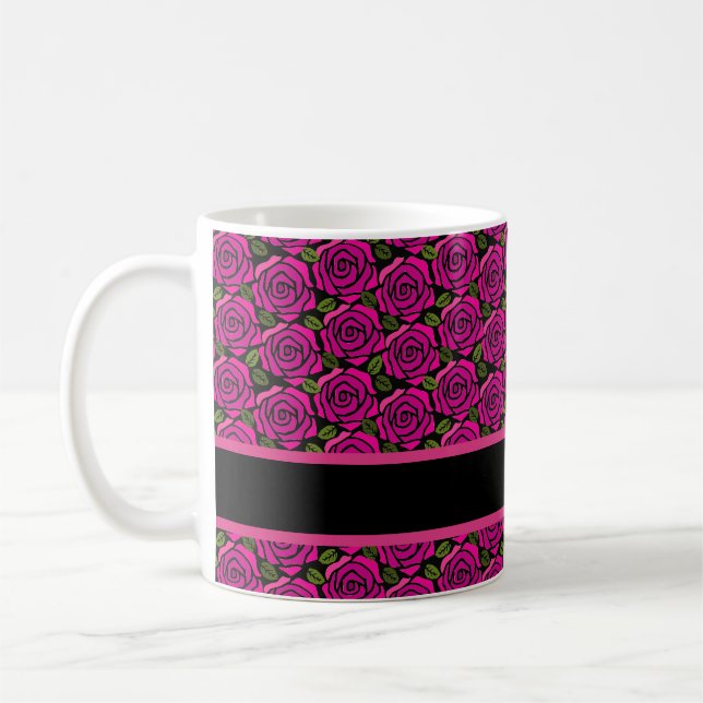 Beautiful Hot Pink Roses Custom Name Monogram Gift Coffee Mug (Left)