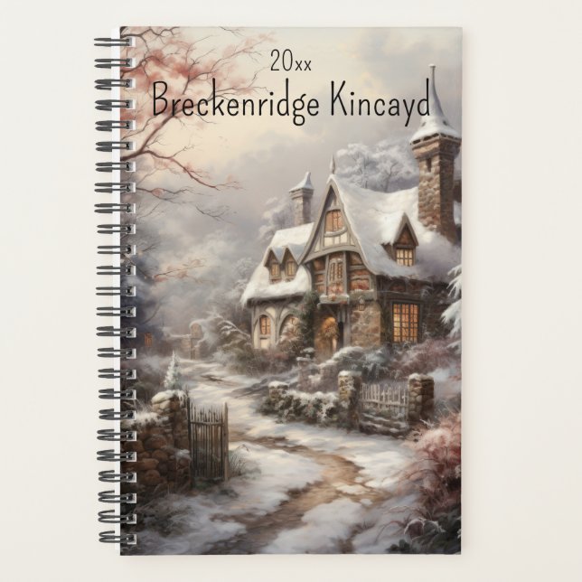 Beautiful House in Winter Scene, Change Name, Year Planner (Front)