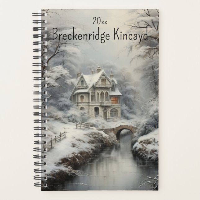 Beautiful House in Winter Scene, Change Name, Year Planner (Front)